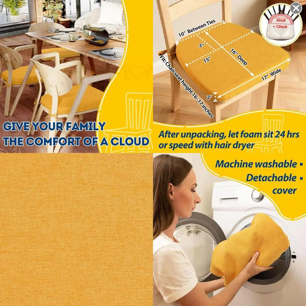 

Set of 6 Golden Yellow 2 Thick Removable Cover Dining Chair Cushions, 17x16
