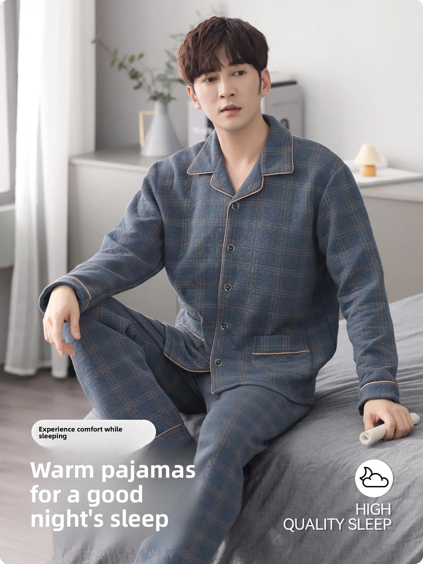 Plandoo Men's Sleepwear Thickened Air Layer Cotton Home Clothes Set Autumn Winter Casual Loose Fit Long Sleeve Soft Polyester