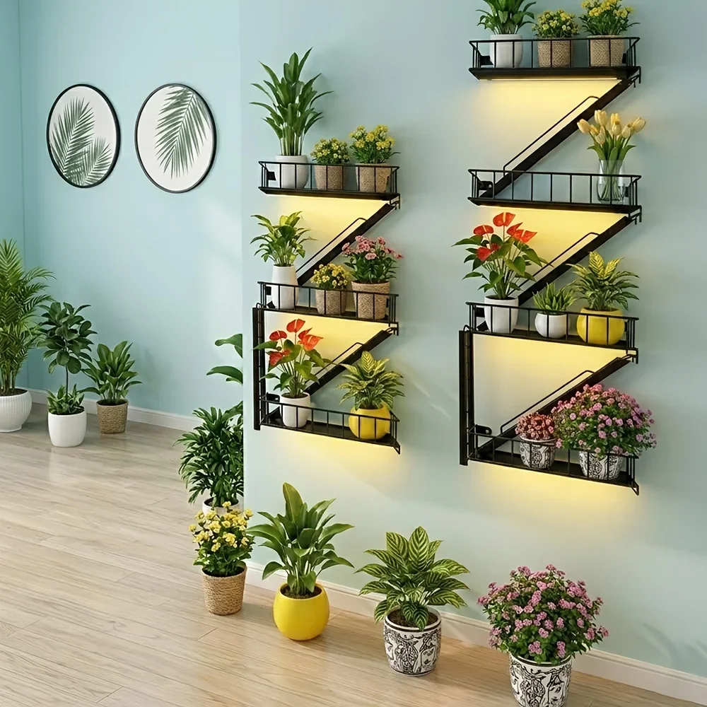 

Creative Multi-Level Staircase Frame | Home Bedroom Decoration Iron Storage Rack with Hooks, Wall-Mounted, Contemporary