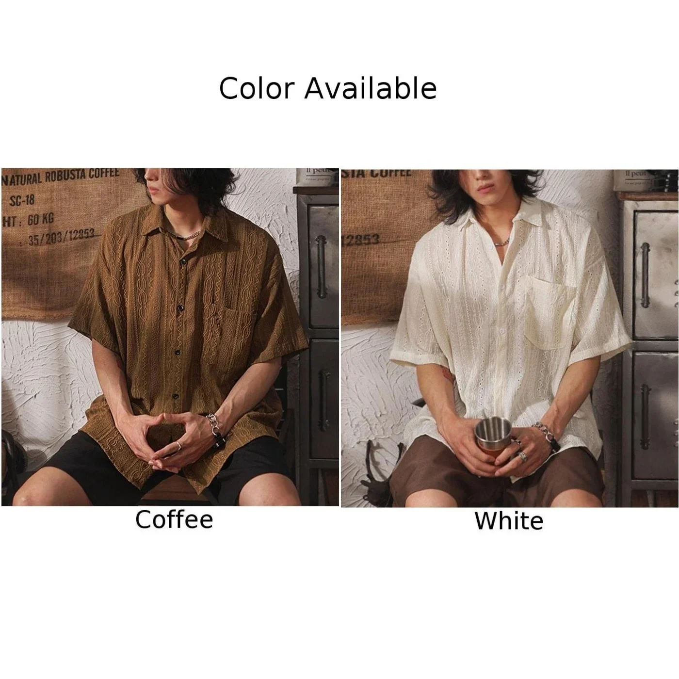 New Mens Loose Japanese Retro Hollow Out Short Sleeve Shirts Button Solid All-match Tops Ethnic Style Casual Male Shirt Jacket