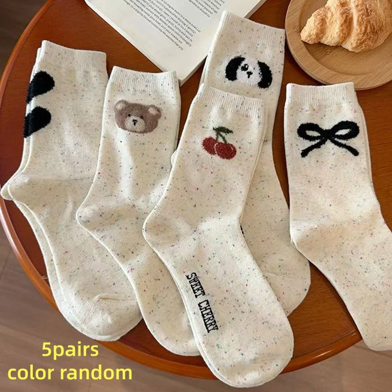 5 Pairs of Socks in Random Colors, Solid Color, Ins Style, Cute Bear Pattern, Dopamine Academy Style, Mid-Calf Socks for Girls, Great Gift Idea