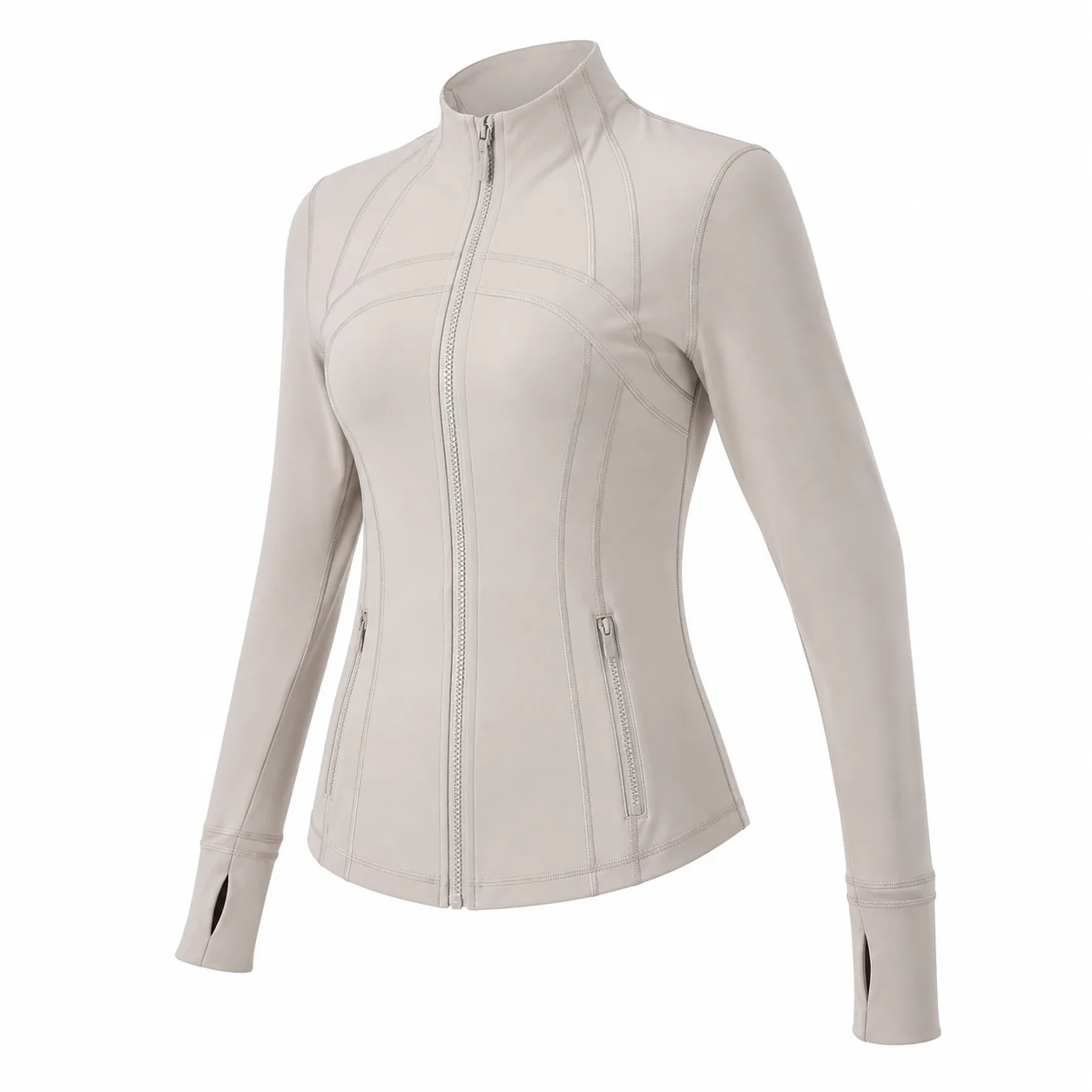 Women's Beige Slim Fit Full Zip Sports Jacket Stand Collar Long Sleeve Thumbhole Workout Running Yoga Outerwear
