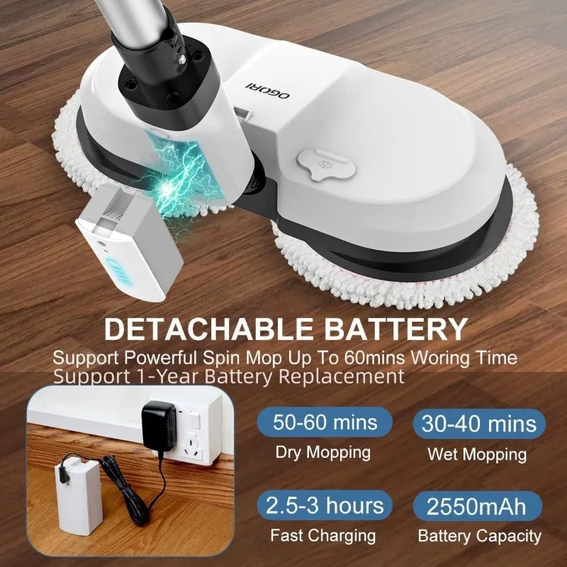 Cordless Electric Mop, Cordless Floor Cleaner Dual-Motor Powerful Spin Mop w/Water Spray and LED Headlight