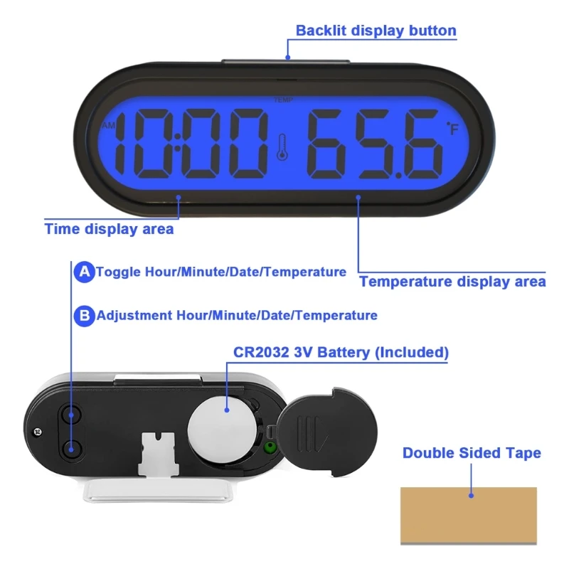 ساعة درجة حرارة السيارة 2 في 1 مع شاشة عرض التاريخ فهرنهايت وإضاءة خلفية LCD