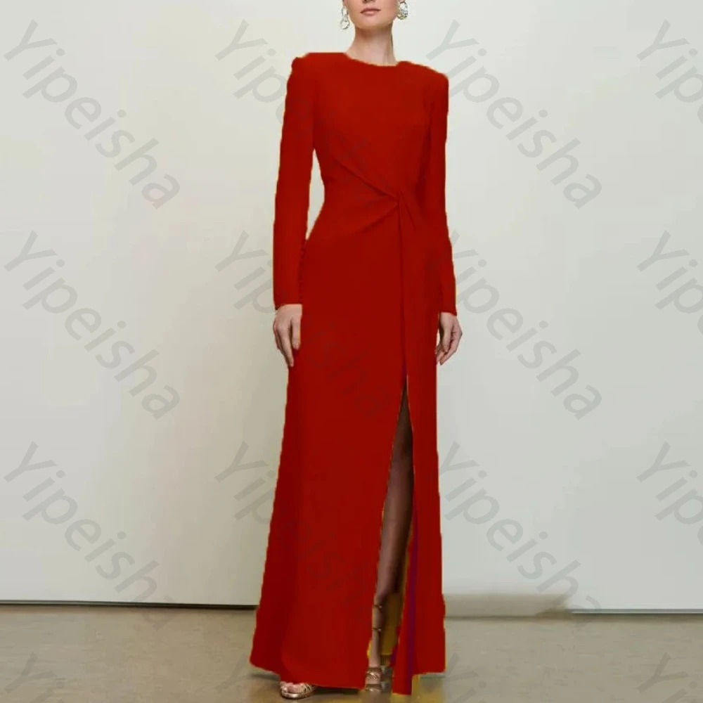 

Customized O-Neck Long Sleeves Pleat Evening Dresses Elegant Side Slit Celebrity Dress Exquisite High Quality Prom Party Gowns