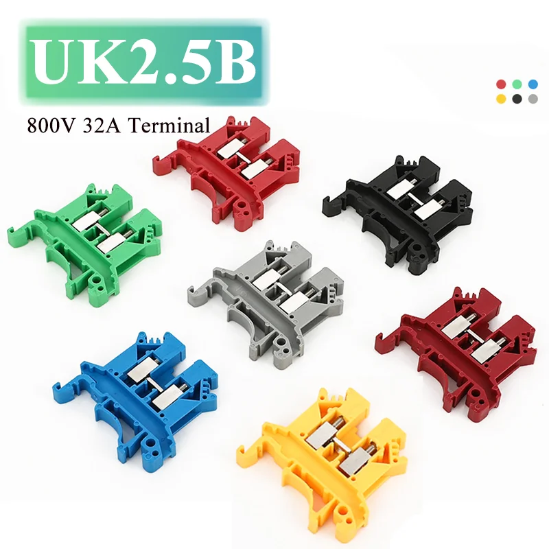 

10/100pcs 32A UK2.5B DIN Rail Terminal Block Clamp 7 Colors Screw Connector 800V UK-2.5N 2.5mm Square Universal Screw Connectors