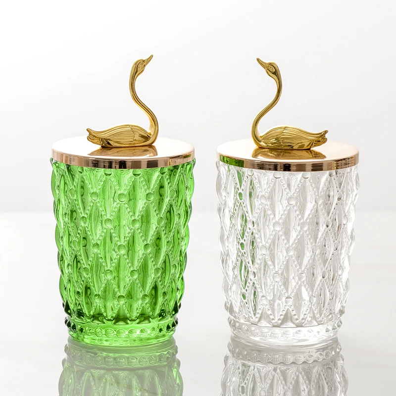 Schwan Glas Zahnstocher Box mit DeckelClear Glas Schmuck Süßigkeiten Nuss Lagerung Jar Badezimmer Baumwolle Tupfer Box Haushalt Lagerung Container