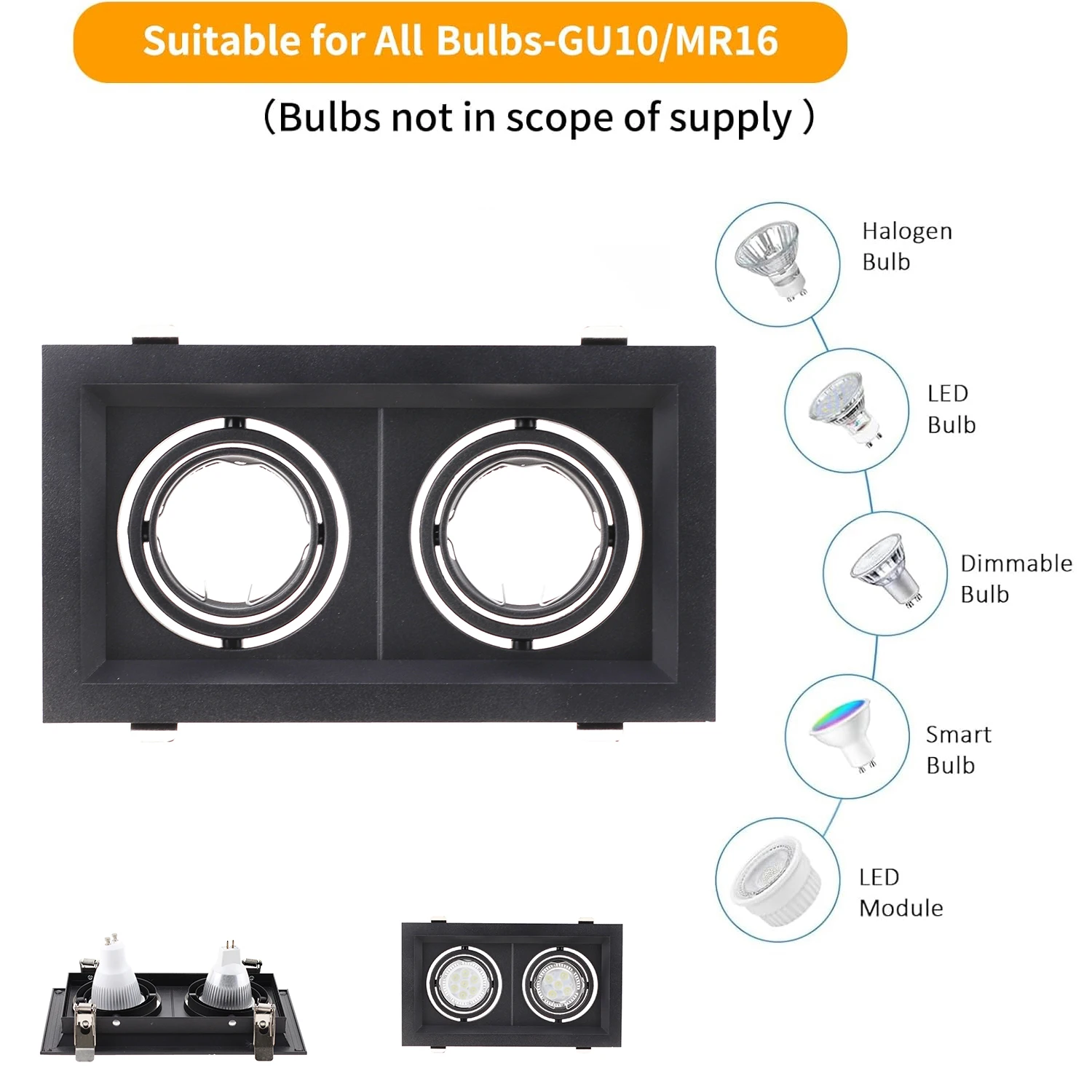 JOYINLED 6PCS Square Recessed Downlight Frame, White Black 1/2/3 Head Adjustable GU10 Ceiling Spotlight Housing LED Light Holder