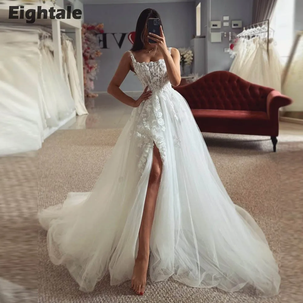 

Eightale Lace Wedding Dress Customized Appliques A-Line Tulle High Side Slit Princess White Ivory Bridal Gown Vestido De Noiva