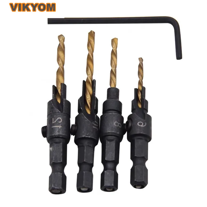 Woodworking Hole Opener 4-piece Set Titanium-plated Hexagonal Handle Hardware Tool Countersunk Drill Bit Drilling And Reaming