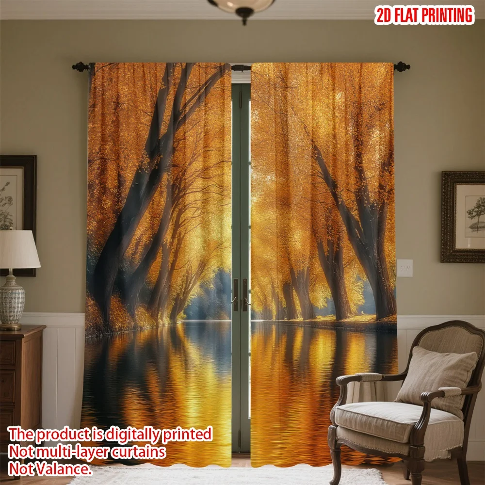 

2D flat printing 2pcs Curtains Autumn River Reflection Digital Printed Polyester Drapes Festive Holiday for Indoor Celebrations