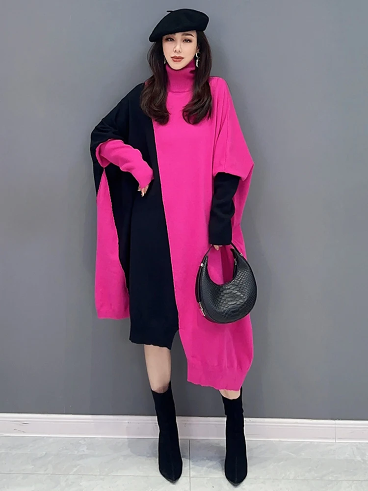 SHENGPALAE Turtleneck Knit Dress For Women Fashion Contrast Color Batwing Sleeve Loose Irregular Vestido Autumn 2024 New 5R6661