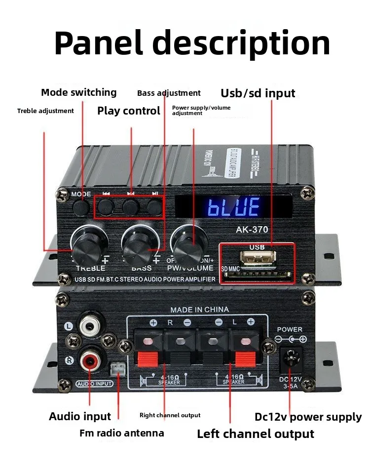 New Bluetooth Amplifier 12V for Car & Home, Professional KTV High-Power Digital Mini Amp Hi-Fi Level