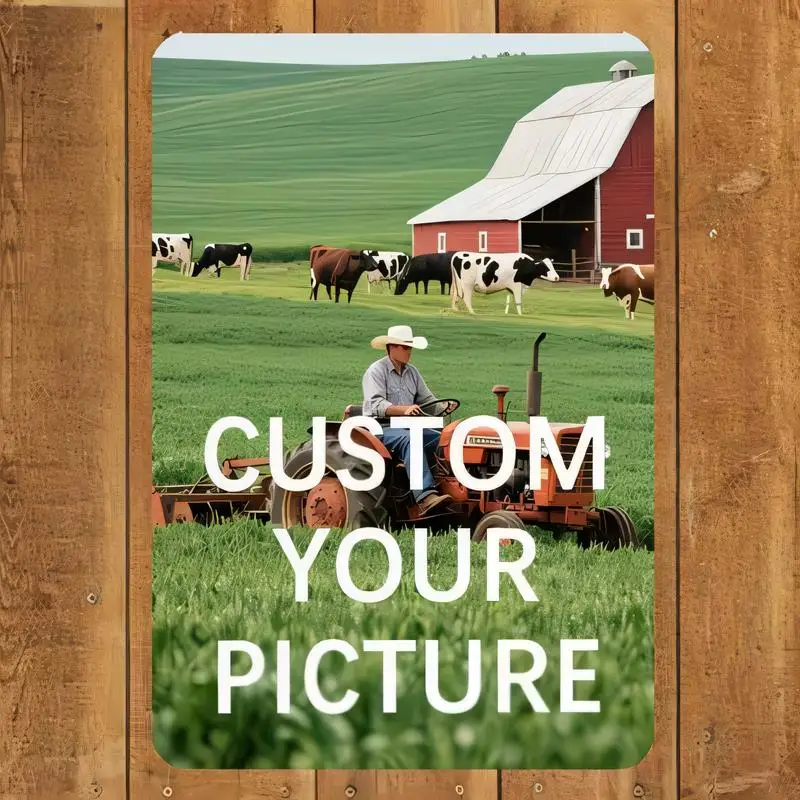 Custom Your Picture Farm Metal Tin Sign - Vintage Cowboy Tractor & Cows Design, Iron Wall Art for Farmhouse Home Decor