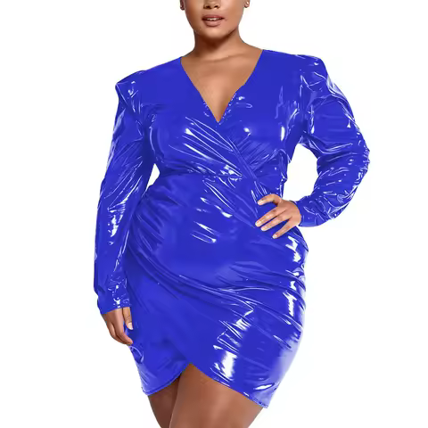 Plus Size Elegant Package Hips Glossy Dress Women PVC Shiny Deep V Neck Long Sleeve Bodycon Dress Ladies Short Evening Dresses