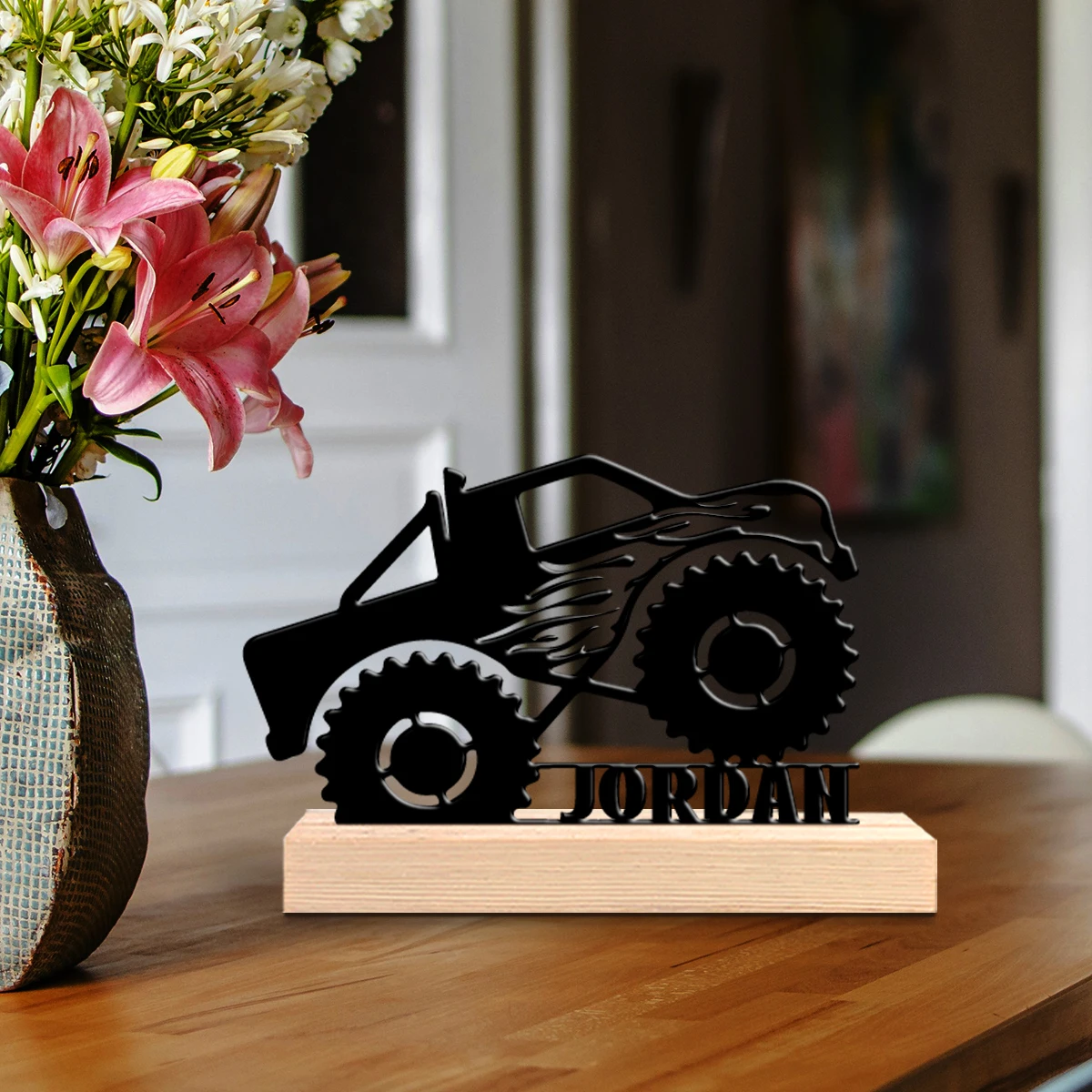 1pc Customizable Wrought Iron Desktop Decoration Custom Content With Wooden Base New Home Gift for Friends,Decorative Ornaments