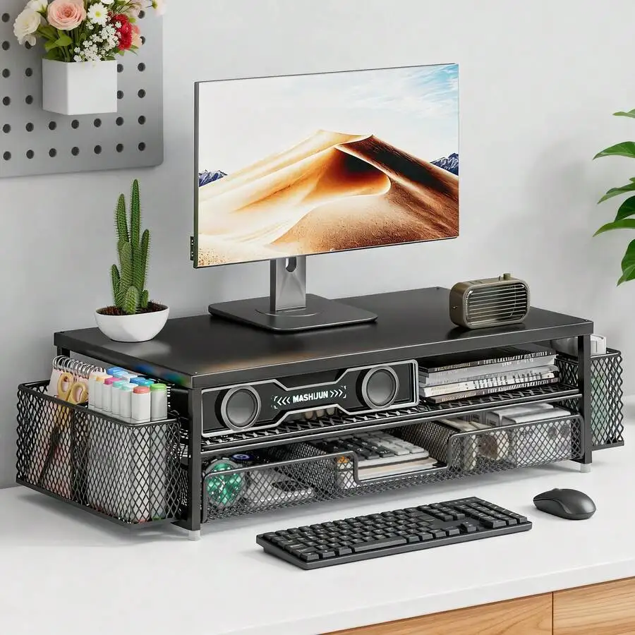 Black Metal Monitor Riser With Drawer - 2 Pen Holders Laptop Stand, Multi-Functional Office Desk Organizer