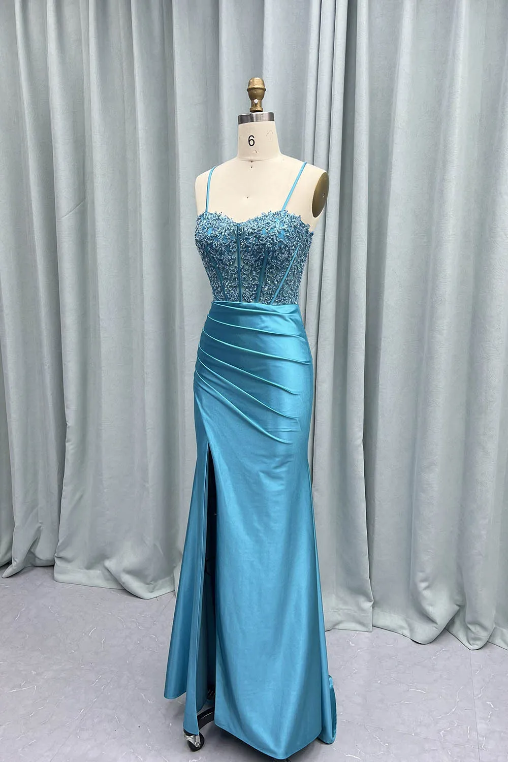 YQLNNE Sexy Blue Spaghetti Long Prom Dresses Mermaid Satin Embroidered Beading Red Carpet Gown Lace-up Formal Dress