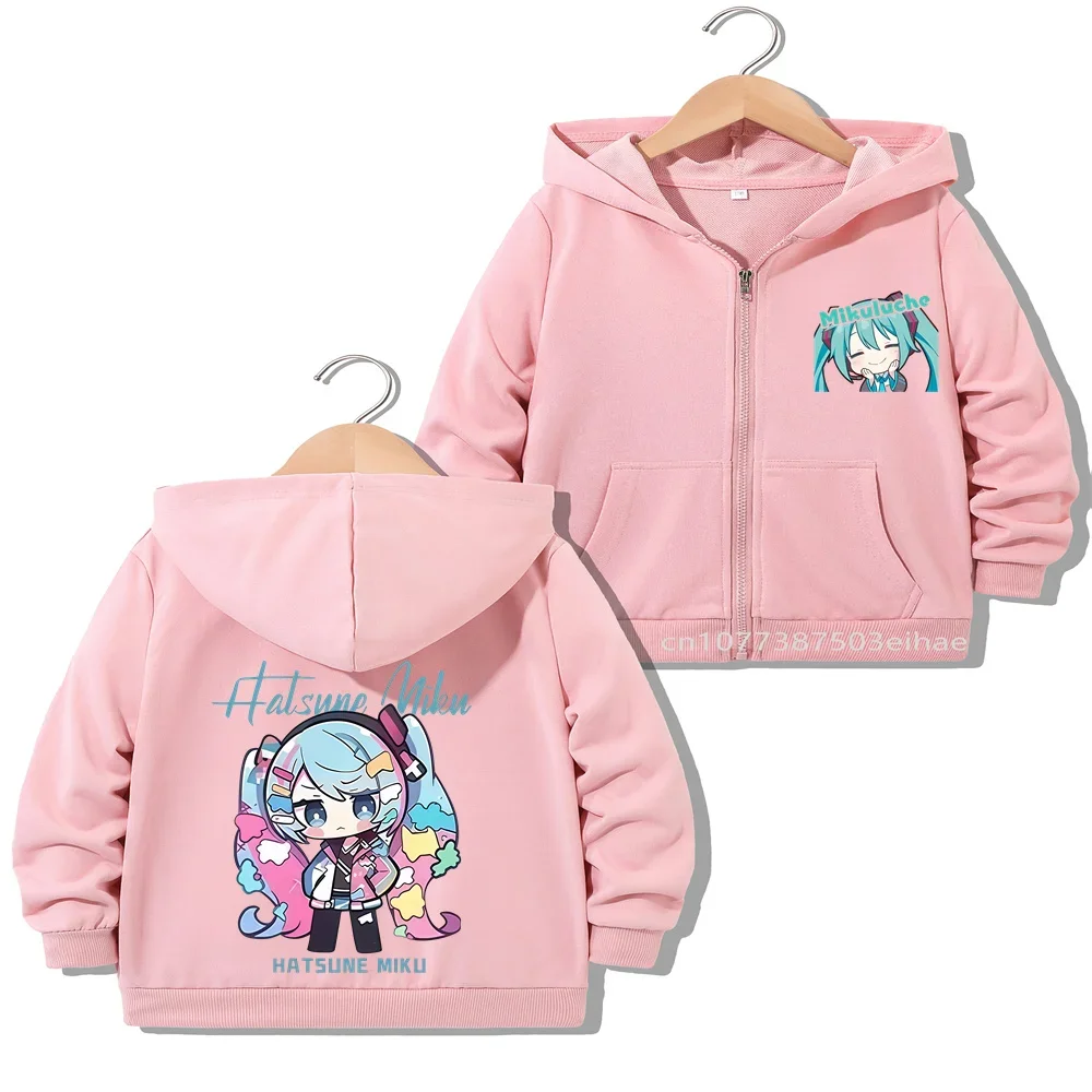 Hatsune Miku Girls Casual Zipper Jacket Kids Spring Autumn Outerwear Anime Figure Printed Lovely Cartoon Children Overcoat Tops