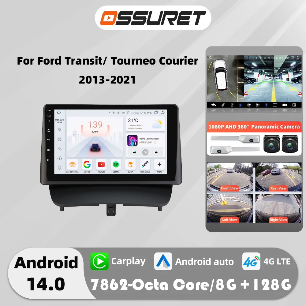 Carplay Android 14 Autoradio für Ford Transit Tourneo Courier 2013-2021 Multimedia 2din 360 Kamera GPS Intelligenz-Bildschirm