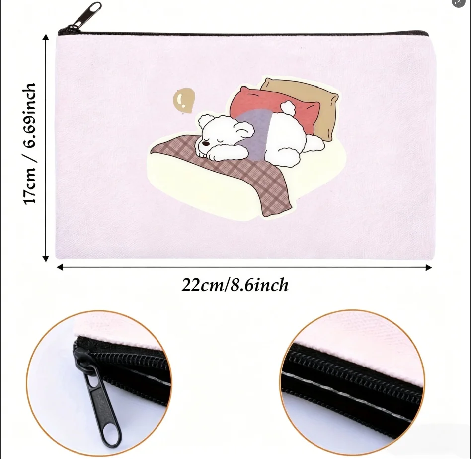 1PC Double-sided Canvas Pouch Sleepy White Bear Zipper Cosmetic Storage Bag