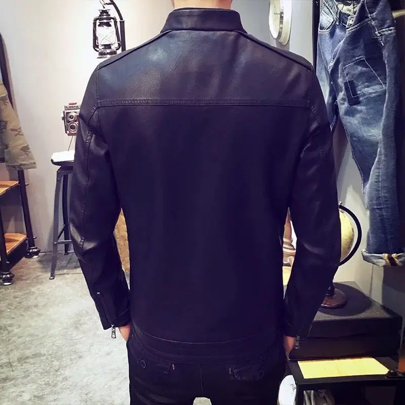 

Youth Men's PU Leather Jaet Motorcycle Sle Stand Collar Punk Faion Casual Windproof ort Length Zipper Closure Coat