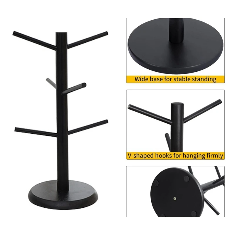 Suporte de copo de café BAAG-Bambu com 6 ganchos, árvore de caneca preta com base espessada, rack de armazenamento de balcão