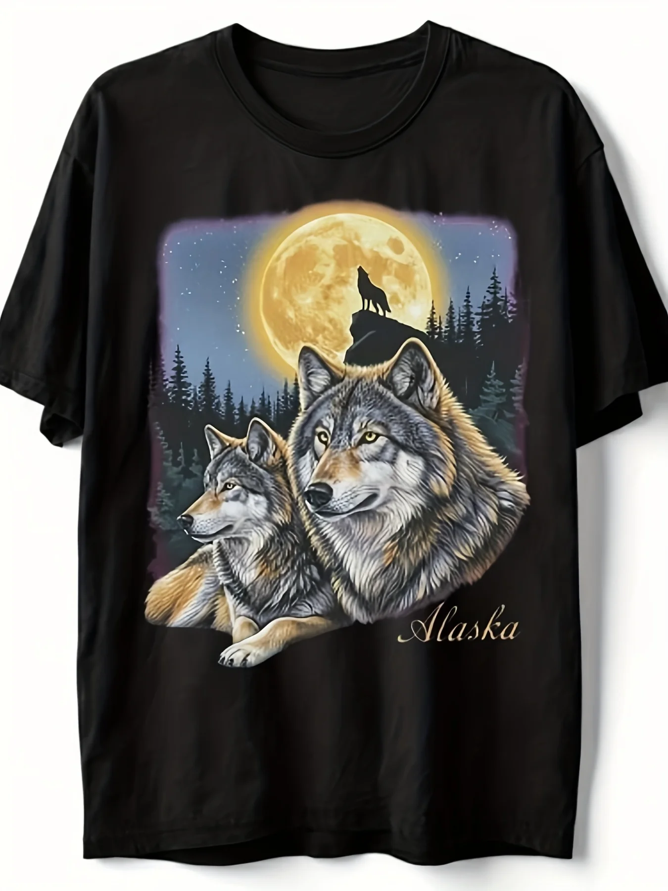 Alaska Wolves T-Shirt Featuring a Wolf Howling at The Full Moon, Perfect for Wildlife Enthusiasts. Unisex Design for Summer 2025, Made from 220G Pure with Short Sleeves