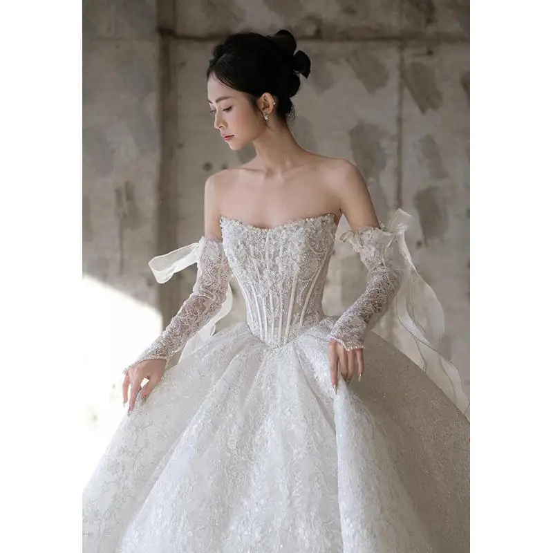 

Strapless Wedding Dress New Beaded Lace Palace Banquet Bride French High-end Elegant Heavy Industry Plus Size Customized