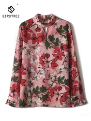 BirdTree, 100%Mulberry Silk Elegant Shirt, Women Long Sleeve Floral Ruffles, French Commute Blouses, 2024 Summer Fall T48677QC