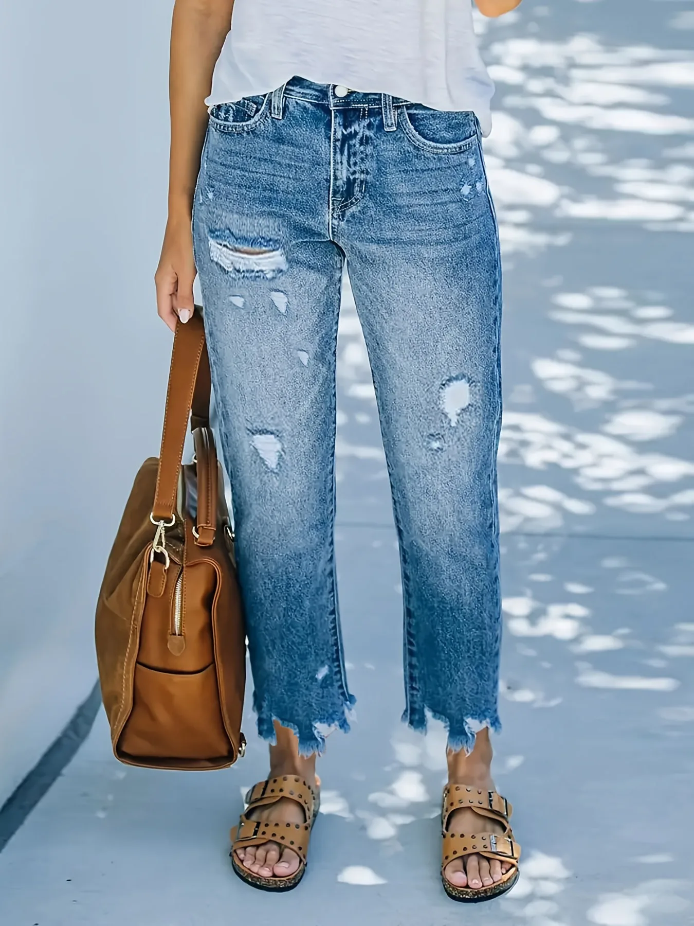 

25AW Рваные женские модные джинсы стандартного размера в уличном стиле, повседневные джинсы, состаренное мастерство, модно и повседневное