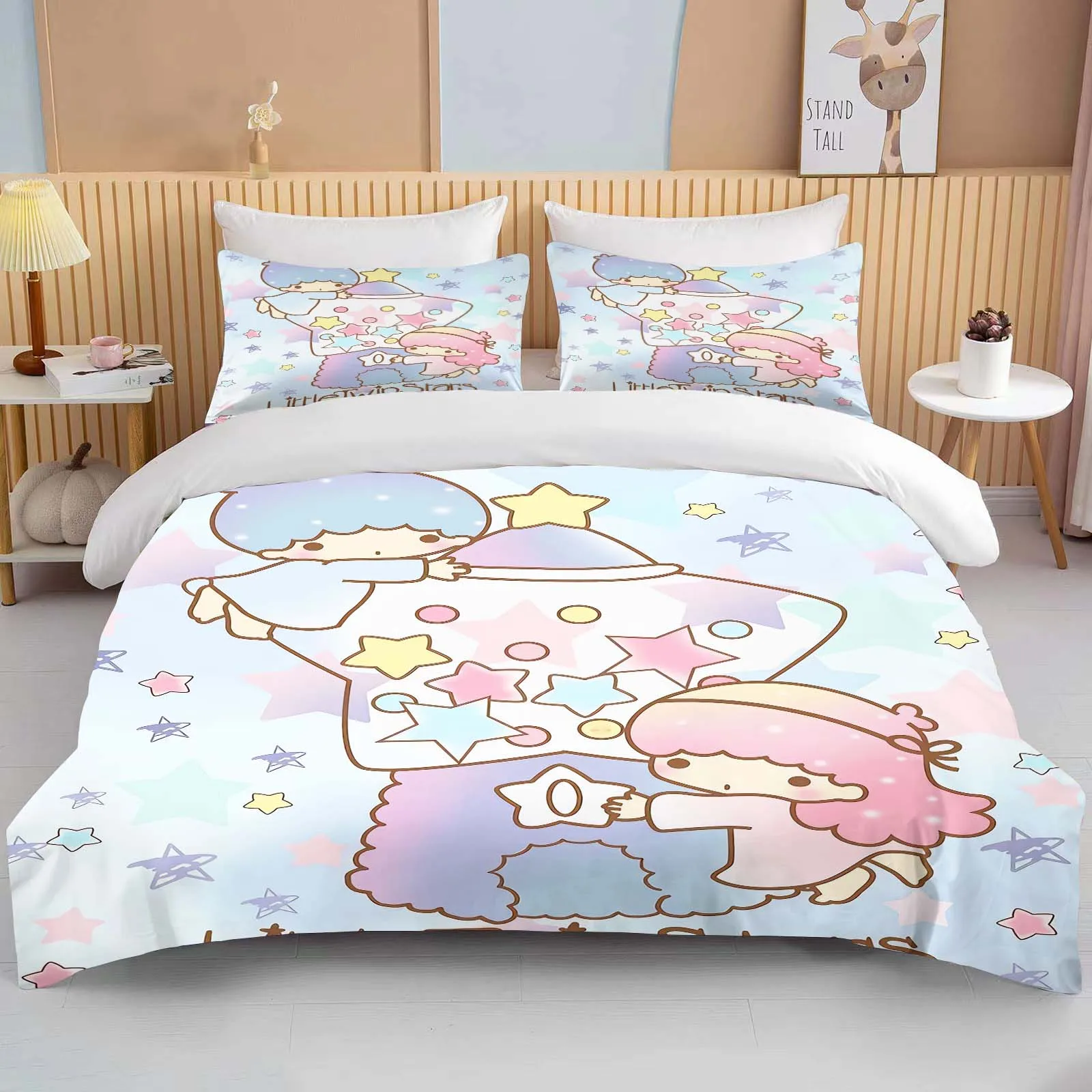 Imagem -04 - Sanrio Little Twin Stars Impresso Conjunto de Cama para Adultos Edredon Cama de Microfibra Fronha Anime Capa de Edredão