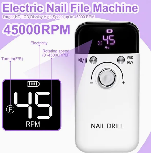 Ensemble de perceuse à ongles électrique, perceuse à ongles Rechargeable Portable, 45000 tr/min, adaptée aux ongles en cristal, ongles en Gel, polissage de manucure