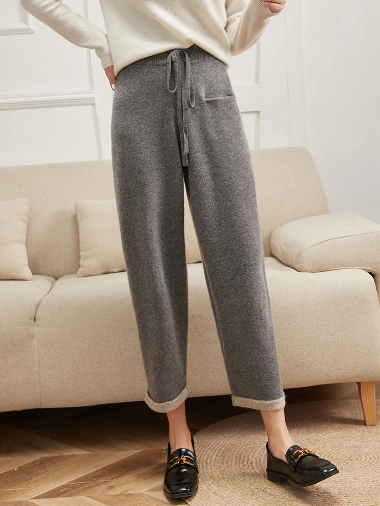 

Spring Autumn Granny pants Women 100% Cashmere Pants Soft Comfortable High-Waist Knit Trousers Female Fashion Wide Leg Pants