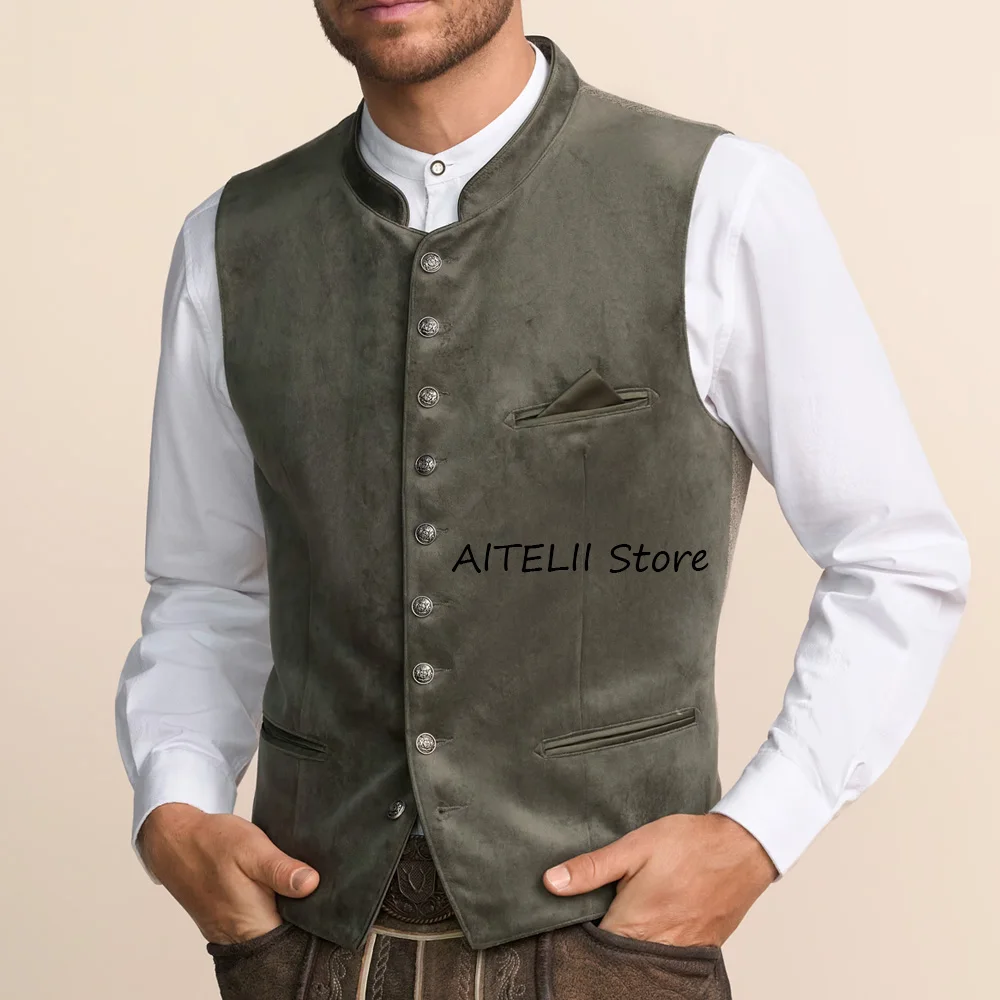 

Повседневный мужской жилет с воротником-стойкой, модный модный костюм в стиле ретро, стимпанк, мужской жилет с прямыми карманами, бархатная ткань, рабочий винтажный