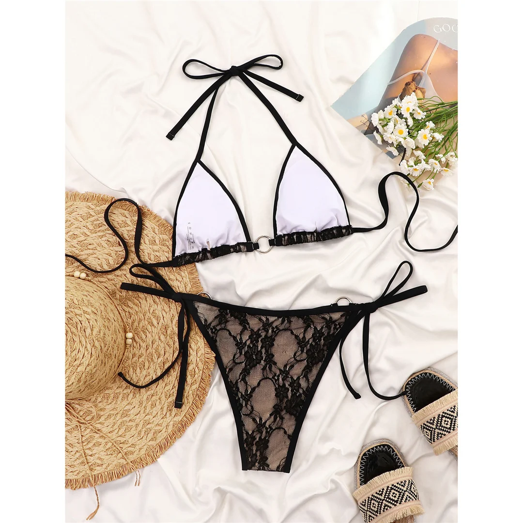 Bedruckter Neckholder-Bikini, Damen-Badeanzug, zweiteiliges Bikini-Set, mit Trägern, hoch geschnitten, Badeanzug, Badebekleidung, V8133 – Detail 7