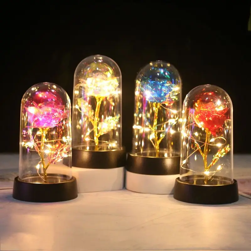 

Artificial Flowers LED Red Rose in Glass Cover Creative Birthday Valentine's Day Gift with Stand Light Up Wedding Galaxy Rose