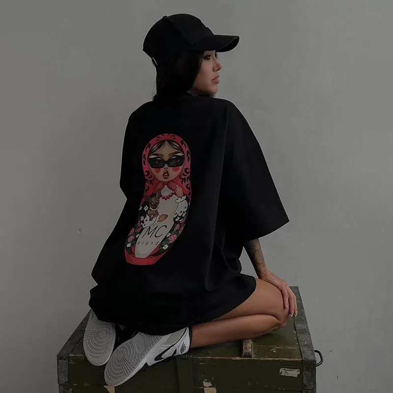Funny Graphic Tees Oversized Summer O Neck Casual Streetwear T Shirt Women Black Short Sleeve Top Long Chic Basic Clothes