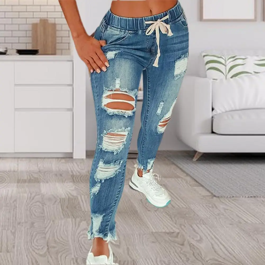 Stretchy Ripped Loch Jeans Frauen 2024 Gerade Denim Hosen Weibliche Hohe Taille Alle-Spiel Casual Denim Hosen Neue Streetwear