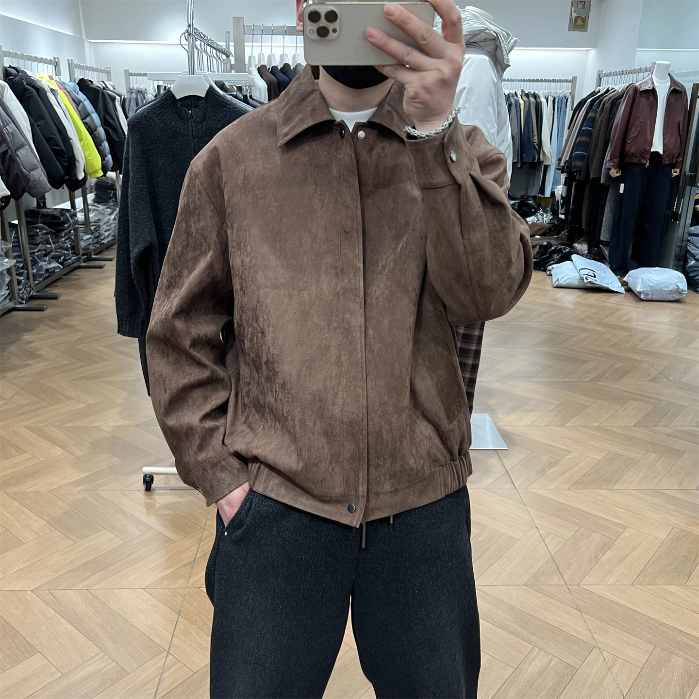 

Spring 2026 Men's Casual Loose Suede Leather Jaet Retro Sle Long Sve Zipper Closure Lapel Coat Comfortable Commute Jaet