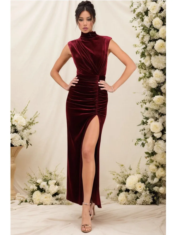 Robe de soirée Maxi en velours pour femmes, élégante, sans manches, col montant, fente latérale, coupe cintrée, longue, Sexy, automne hiver 2025