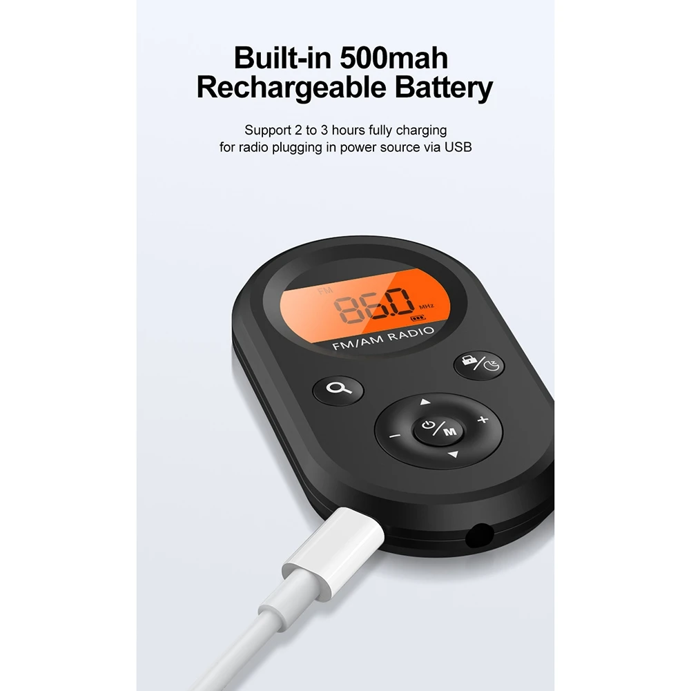 Mini Radio FM/AM portátil de bolsillo, receptor de Radio recargable de 76-108MHZ con pantalla LCD, diseño de cordón de retroiluminación