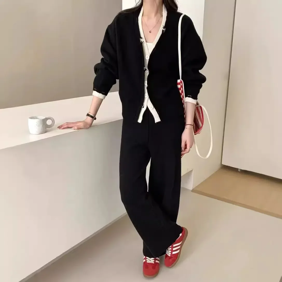 SuperAen Autumn and Winter New Women's Korean Style Fashion Cardigan Sweater Casual Wide Leg Pants Two-piece Sets