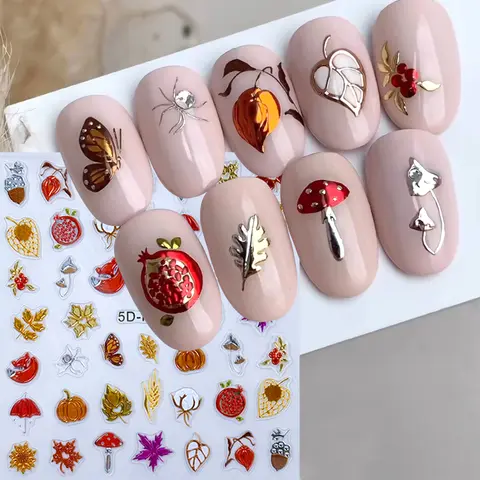 5D Metallic Autumn Embossed Nail Stickers Fall Leaves Pumpkin Mushrooms Pine Cones Fox Adhesive Nail Art Sliders for Manicure
