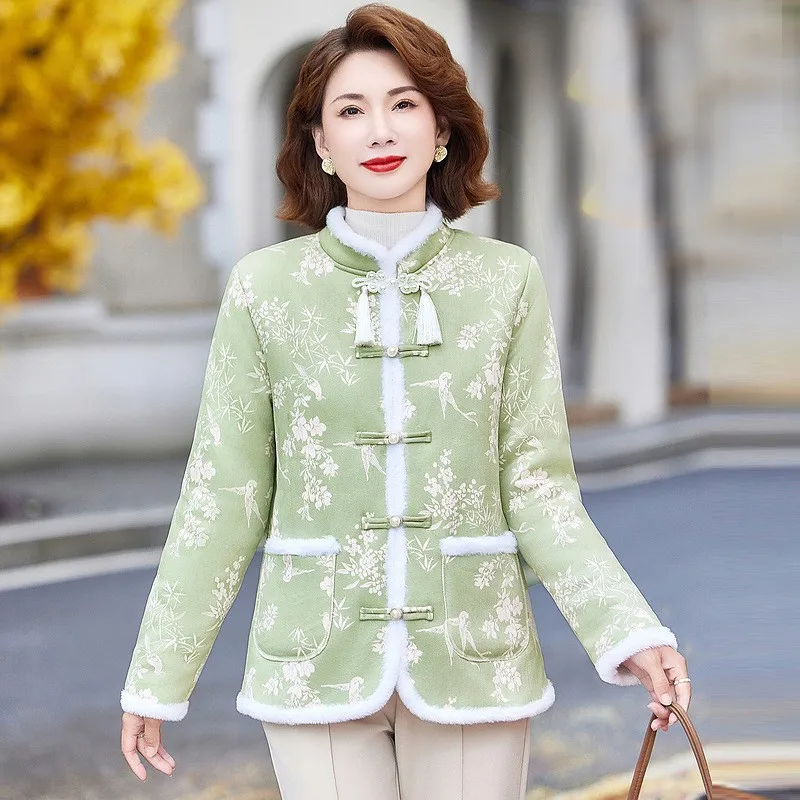 2024 Winter Warm Women Retro Chinese Floral Tangsuit Coat Cotton-padded Jacket Ladies Stand Collar Festive New Year Clothes