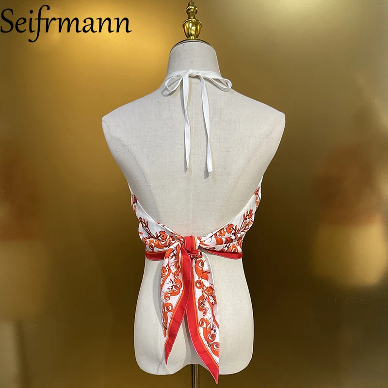 Seifrmann Casual Printed Silk Backless Top Halter Neck Sleeveless Belly Top 2026 Summer Fashion Women's New Style