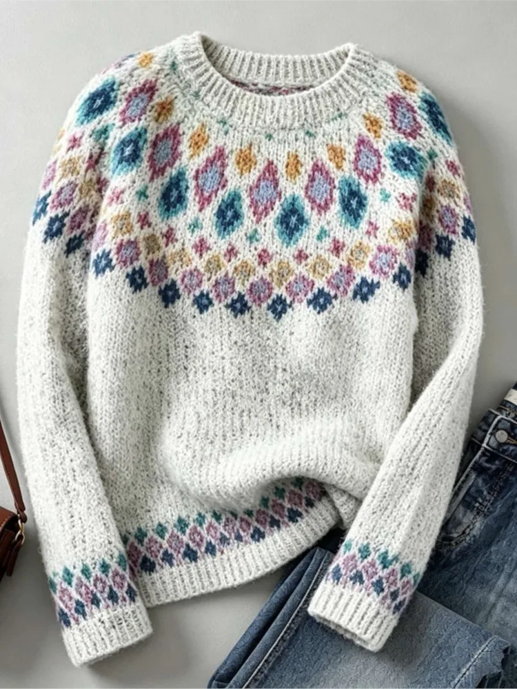 Women Fair Isle Knit Sweater O‑Neck Long Sleeve Geometric Ethnic Jacquard Pullover Loose Casual Fall Winter Ladies Knitwear Tops