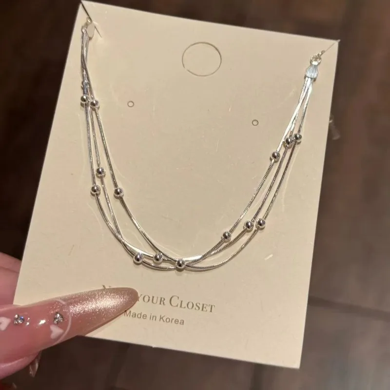 Ins Minimalist Multi-Layer Snake Bone Transfer Bead Bracelet Layered Thin Wire Anklet With Extender Chain Elegant Women Jewelry