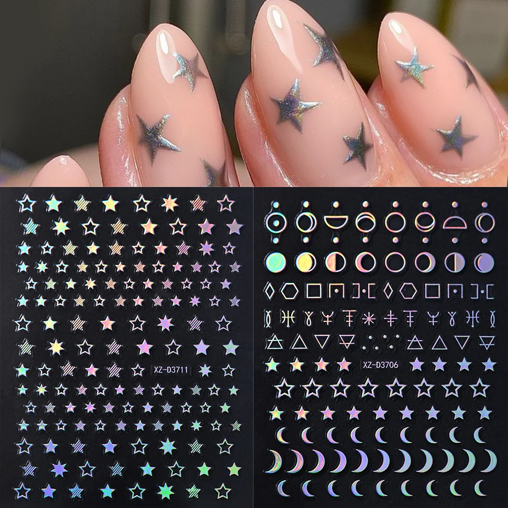 12 pçs laser holográfico borla adesivos de unhas francesas ouro prata laser rosa dourado brilho decalque do prego estrela lua adesivo sliders