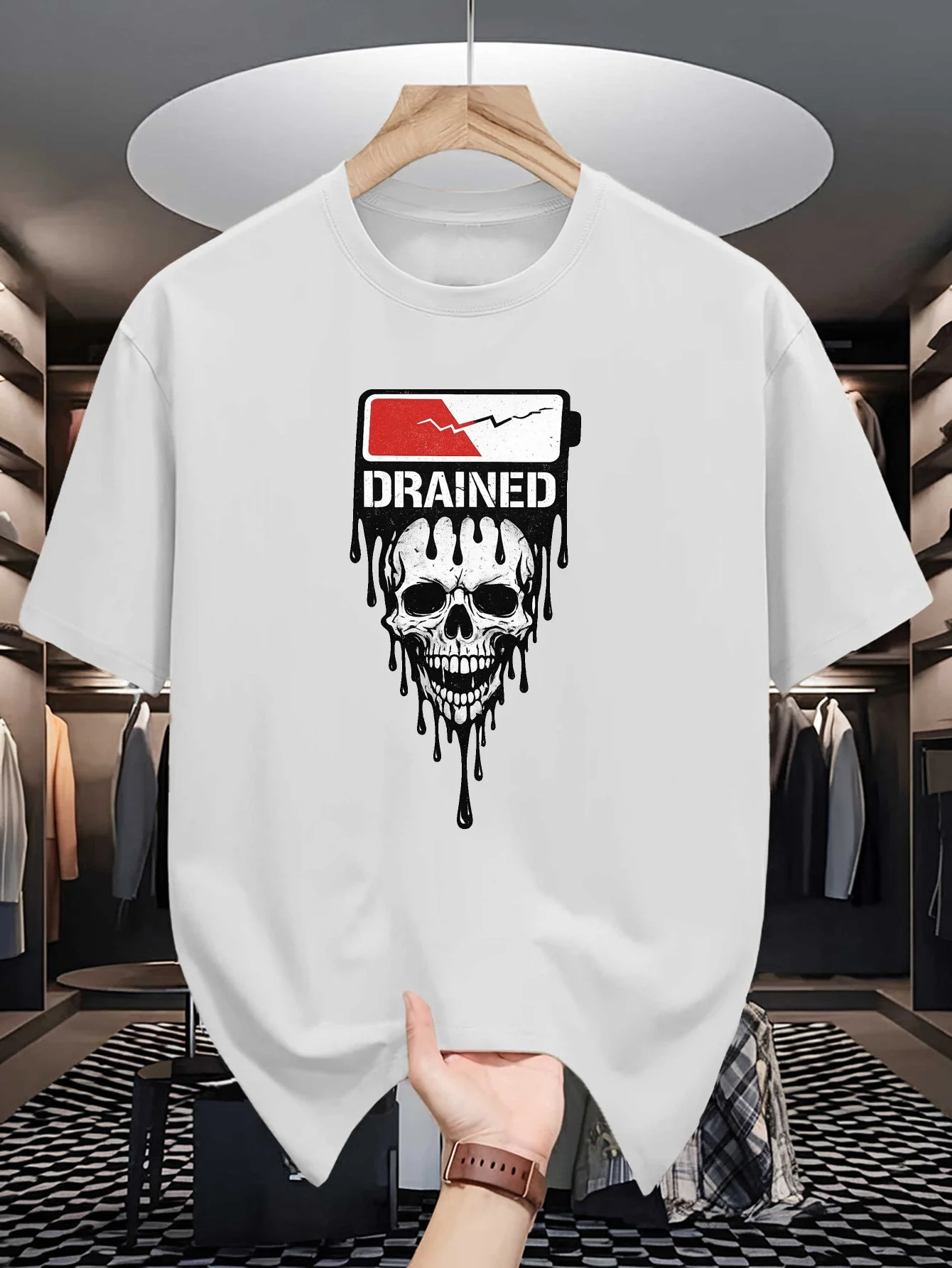 Drained Low Battery Skull Graphic Mens Crew Neck T Shirt Dripping Skeleton Soft Loose Gothic Punk Summer Casual Streetwear Tee